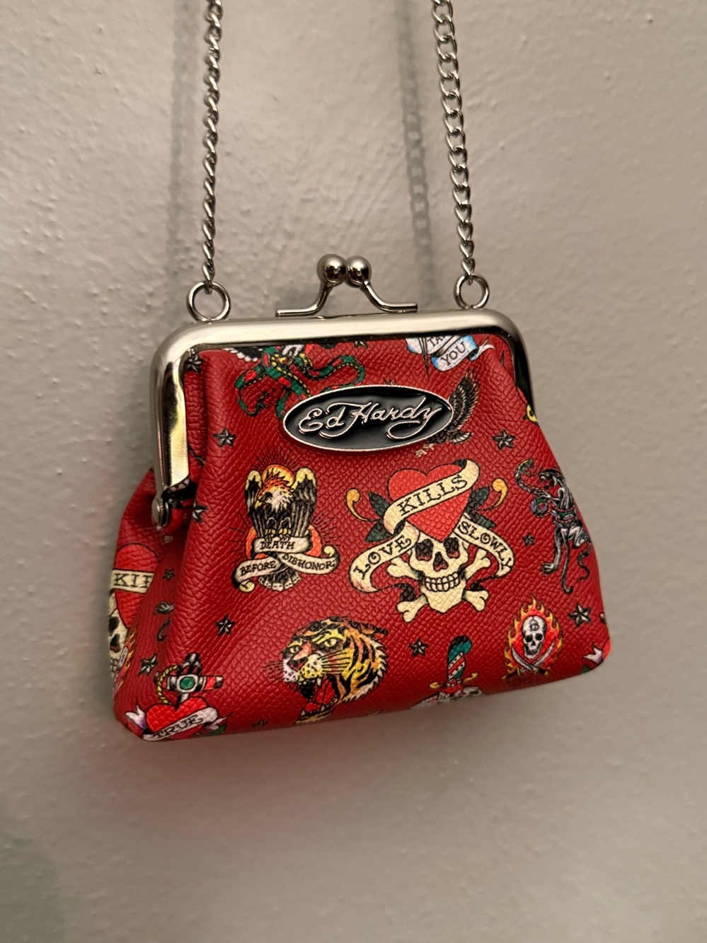 Ed Hardy Red Tattoo-Print Kiss-Lock Mini Crossbody